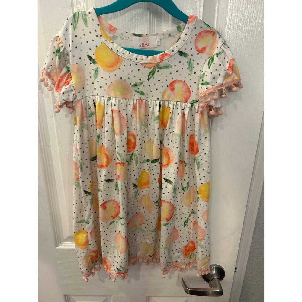 Mila & Rose Dress White Peach Print Pom Pom Trim Girls 4T Summer Fruit Polka Dot